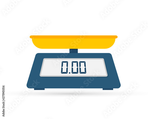 Weight scale on white background. Weighing scales with pan and dial. Vector stock illustration.