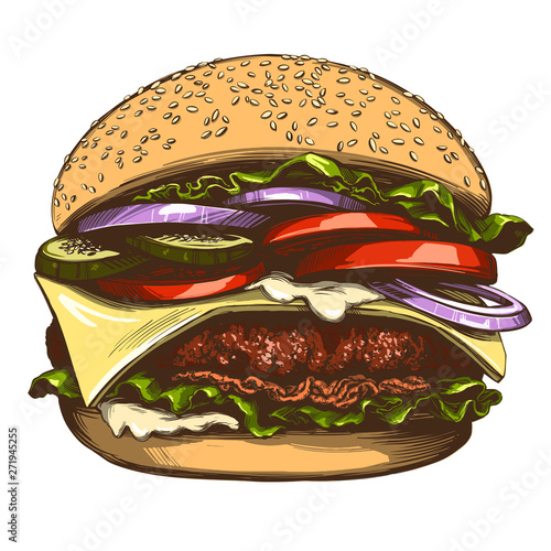 big burger, hamburger hand drawn vector illustration realistic sketch color