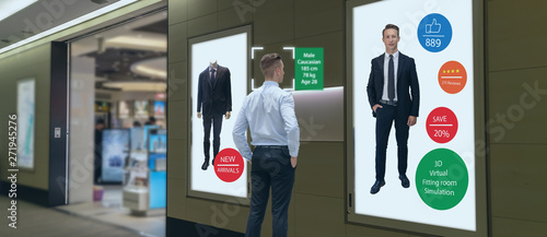 iot machine learning with human , object recognition which use artificial intelligence to analytic concept, it invents to prediction the customer needed with augmented reality on the digital Signage