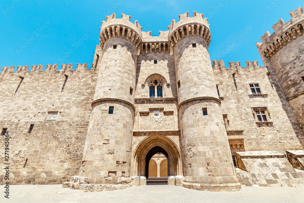 famous tourist attraction - Knights Grand Master Palace gates without people. Travel in Greece, Rhodes.