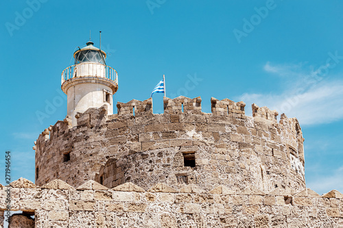 Old fortification and lighthouse on Rhodes island, Greece