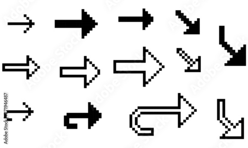 Set of 13 black vector pixelart arrows