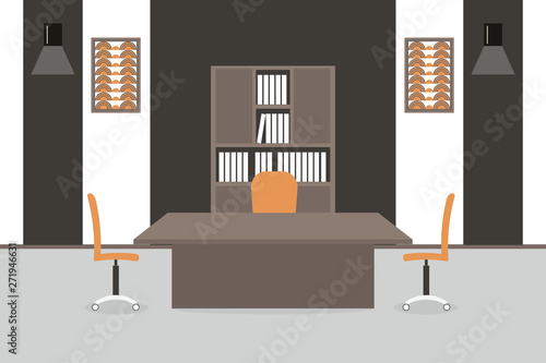 Interior of working place in the office. Vector illustration. Furniture: table, chair, cabinet with folders,paintings,wall lamp. For advertising,sites