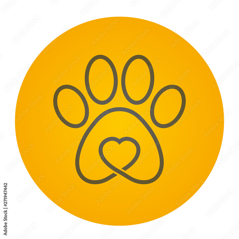 Vector yellow circle icon logo dog / cat track with heart Vector yellow circle icon logo dog / cat track with heart