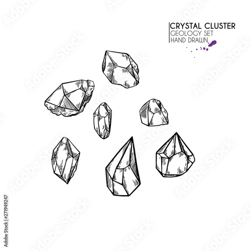 Hand drawn crystal cluster. Vector mineral illustration. Amethyst or quartz stone. Isolated natural gem. Geology set. Use for decoration, flyer, banner, halloween, wedding, witch stuff.