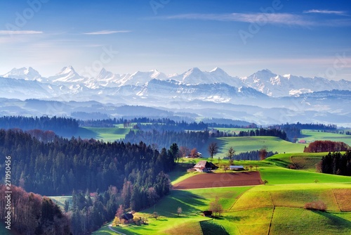 View from the Lueg over the Emmental with Bernese Alps in spring, Affoltern in the Emmental, Canton Bern, Switzerland, Europe photo