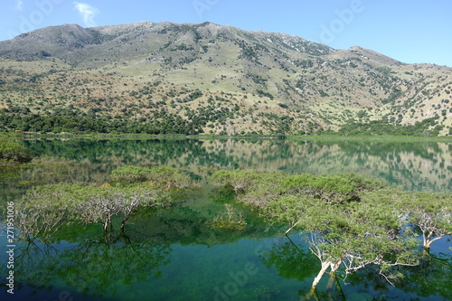 Photo from iconic natural lake of Kourna with amazing colours, Chania, Crete island, Greece