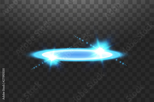 Futuristic teleport. Magic fantasy portal. Light effect. Blue candles rays of a night scene with sparks on a transparent background. Empty light effect of the podium. Disco club dancefloor.