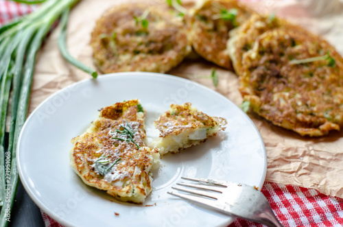 Healthy rice flour pancakes with eggs and green onion