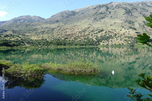 Photo from iconic natural lake of Kourna with amazing colours  Chania  Crete island  Greece