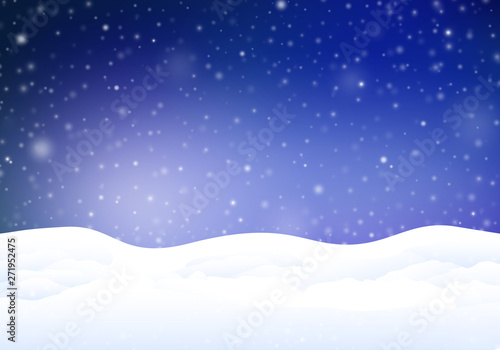 Magical snowy winter background. Night scene with snowfall and snow dunes. Empty space for the copy.