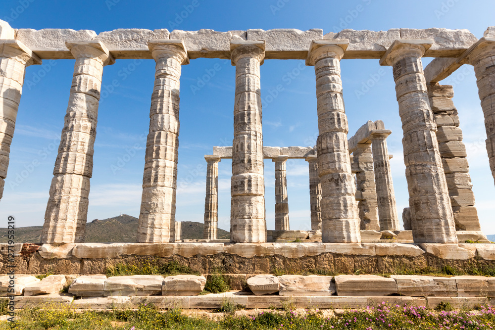 Sounion, Greece. The Temple of Poseidon, an Ancient Greek temple and one of the major monuments of the Golden Age of Athens built at Cape Sounion