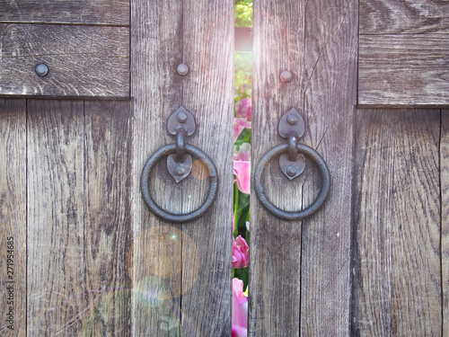 antique door with door handles in the form of rings. open door and heaven light 