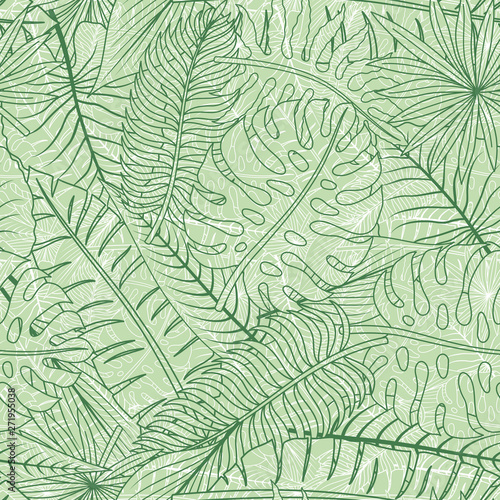 Seamless pattern with contour lines of tropical leaves on a green background.