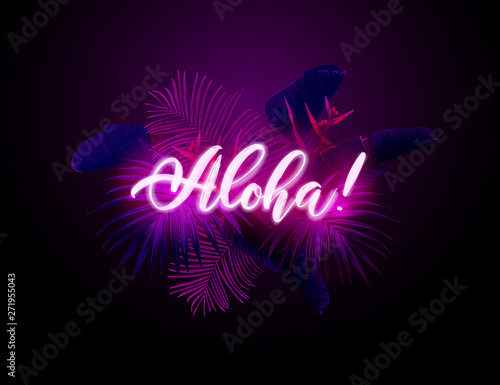 Dark blue and violet tropical party design with palm leaves and neon letters. Summer night vector illustration.