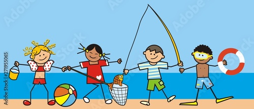 Leisure activities by the water, four happy kids, funny vector illustration