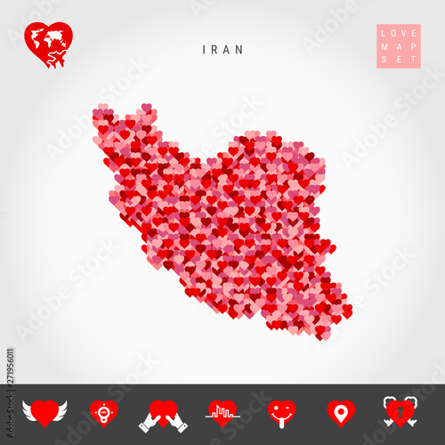 I Love Iran. Red and Pink Hearts Pattern Vector Map of Iran Isolated on Grey Background. Love Icon Set.