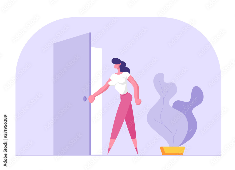 Business Woman in Casual Clothing Stand at Door Entrance Looking Inside, Businesswoman Choosing New Opportunity, Path, Success and Career Growth Idea, Future Concept Cartoon Flat Vector Illustration Business Woman in Casual Clothing Stand at Door Entrance Looking Inside, Businesswoman Choosing New Opportunity, Path, Success and Career Growth Idea, Future Concept Cartoon Flat Vector Illustration