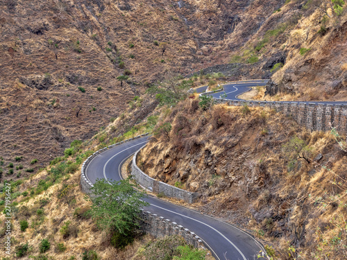 Winding road in mountainous landscape in northern Ethiopia