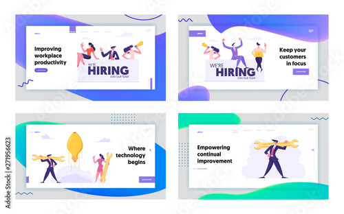 Job Hiring, Start Up, Creative Idea Concept Website Landing Page Set, Vacancy, Recruitment, Businessman with Barbell, Rocket Bulb, Human Resource Web Page. Cartoon Flat Vector Illustration, Banner