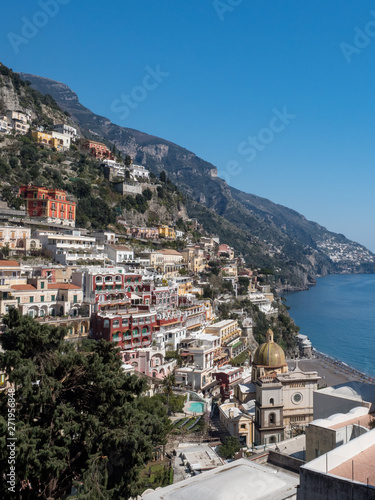 Beautiful panoramic view of the beach anf colorful buildings in Positano at Amalfi Coast  Italy. May  2019