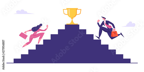 Business People Climbing Stairs with Golden Goblet on Top. Man and Woman Characters Take Part in Business Competition, Goal Achievement, Success, Leadership Concept, Cartoon Flat Vector Illustration