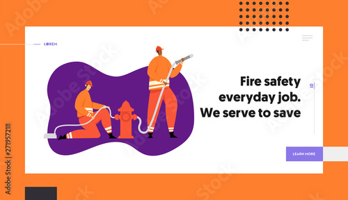 Firemen Fighting with Blaze, Firefighter Character in Helmet with Firehose and Rescue Equipment. Firefighting Emergency Concept Website Landing Page, Web Page. Cartoon Flat Vector Illustration, Banner