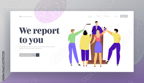 Press Conference Mass Media Interview. Man Standing on Tribune with Microphones, TV News Concept with Speaker and Journalists. Website Landing Page, Web Page. Cartoon Flat Vector Illustration, Banner
