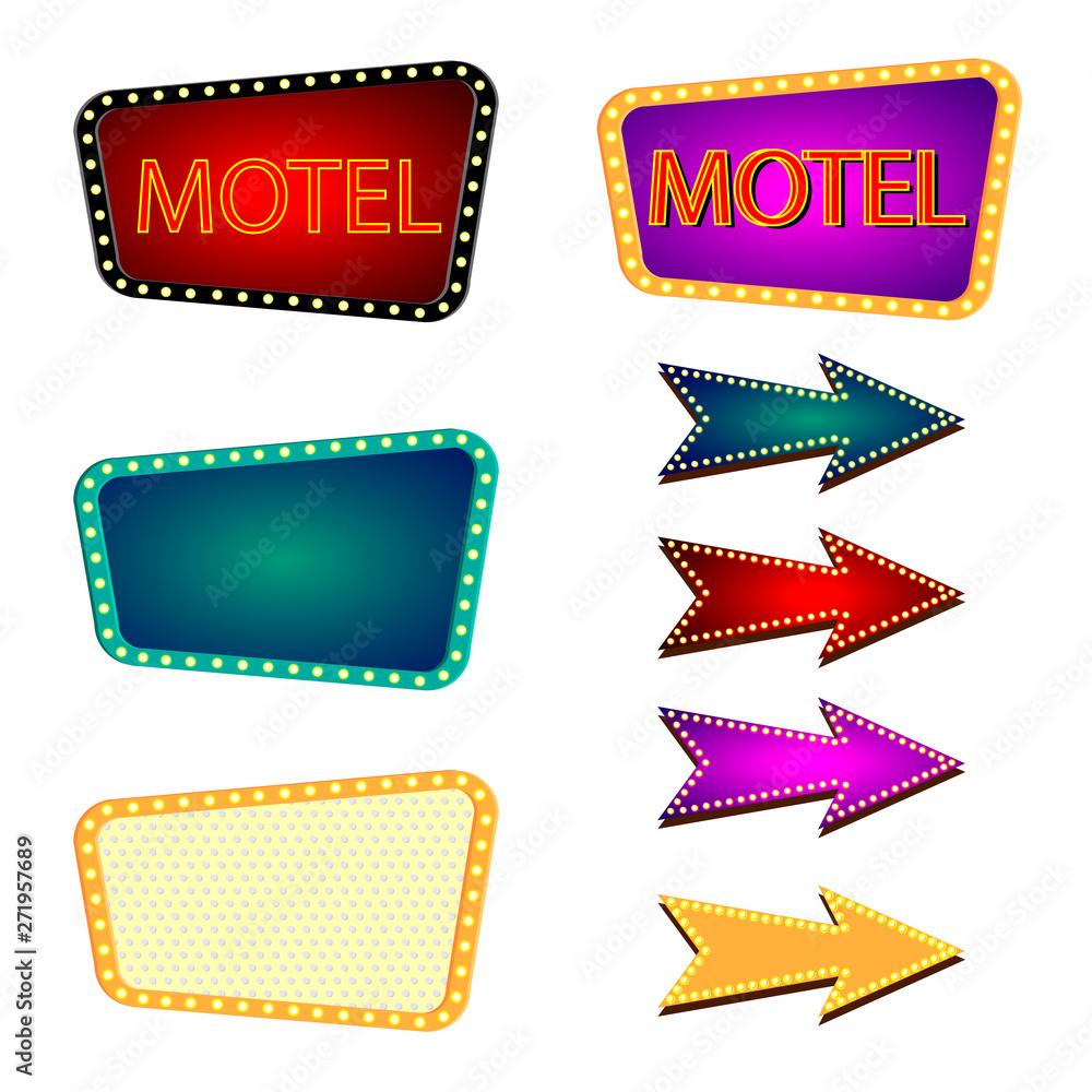 Retro frames and arrows with light bulbs, vector. Neon marquee signs