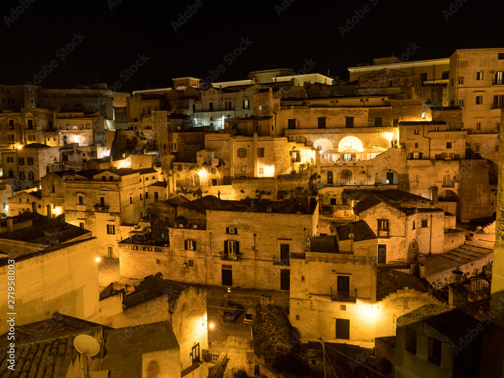 MATERA, BASILICATA, ITALY - May, 2019 - Nightly view of the ancient town of Matera (Sassi di Matera), European Capital of Culture 2019