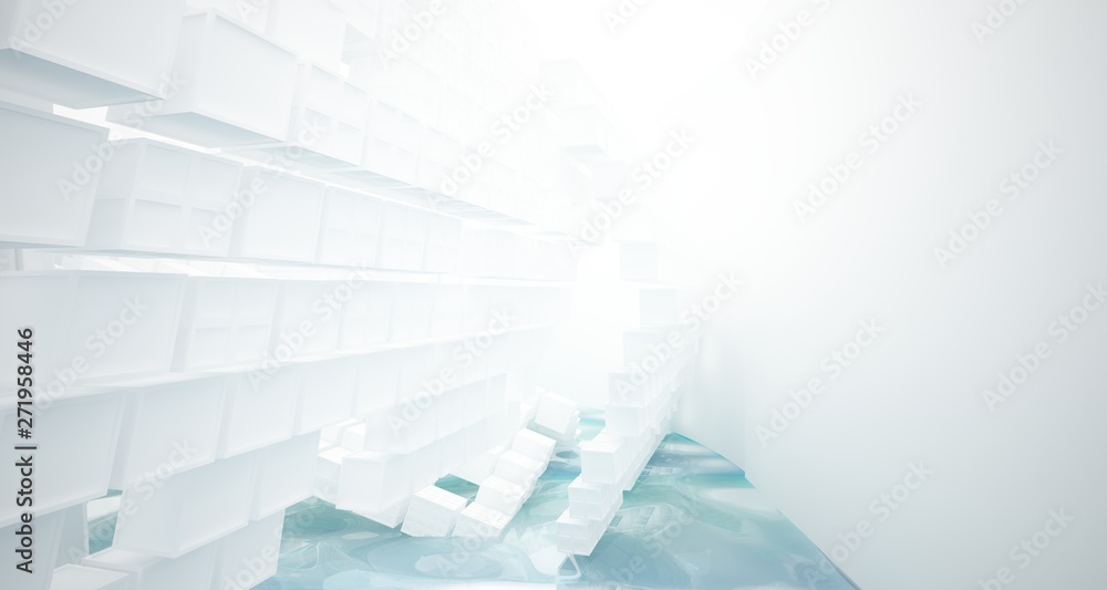 Fototapeta premium Streszczenie biało-niebieska woda parametryczne wnętrze z oknem. Ilustracja i renderowanie 3D.