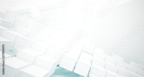 Abstract white and blue water parametric interior with window. 3D illustration and rendering.