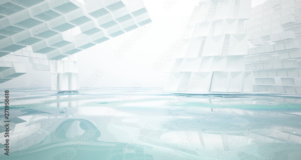 Abstract white and blue water parametric interior with window. 3D illustration and rendering.
