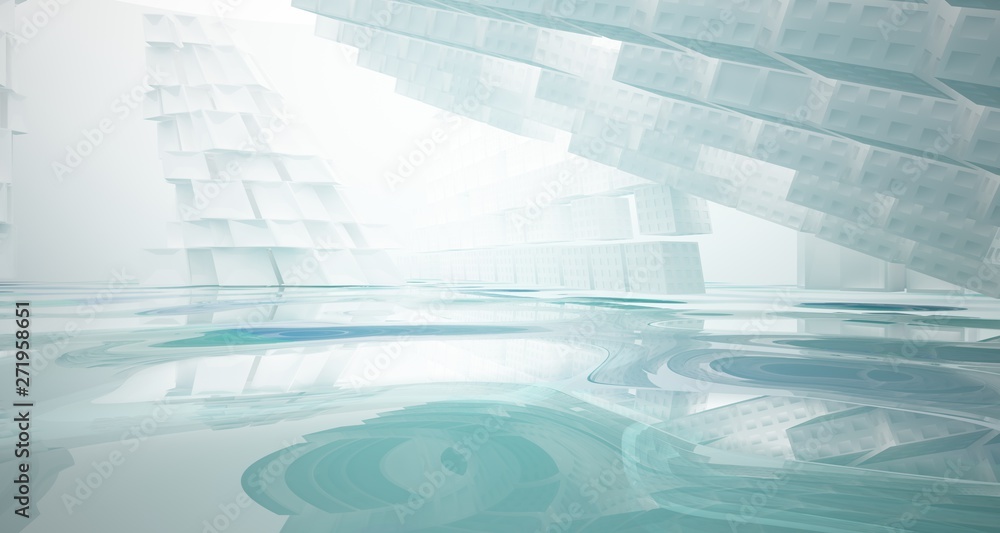 Abstract white and blue water parametric interior with window. 3D illustration and rendering. Abstract white and blue water parametric interior with window. 3D illustration and rendering.