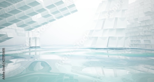 Obraz na płótnie Abstract white and blue water parametric interior with window. 3D illustration and rendering. w salonie