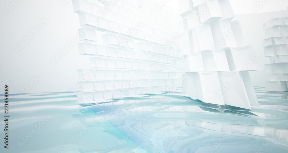 Abstract white and blue water parametric interior with window. 3D illustration and rendering. Abstract white and blue water parametric interior with window. 3D illustration and rendering.