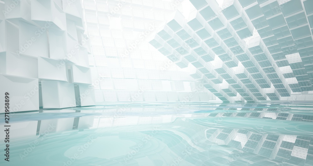 Abstract white and blue water parametric interior with window. 3D illustration and rendering. Abstract white and blue water parametric interior with window. 3D illustration and rendering.