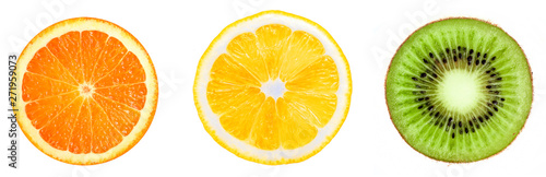 Orange, lemon, kiwi slices Isolated on white. Set pieces of fruits photo