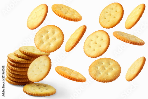 Fényképezés Top view of round salted snack cracker cookie isolated on white background