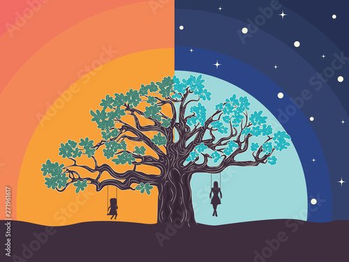 Big tree and girl on swing silhouette