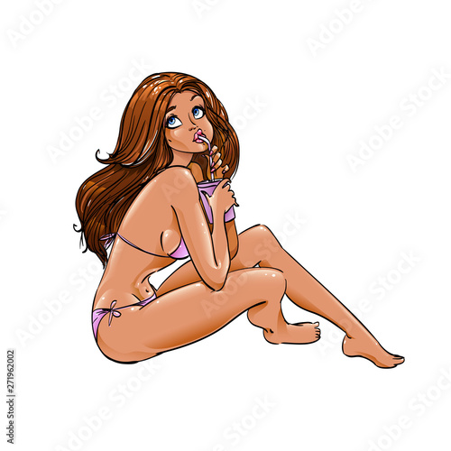 Sexy young girl in a bikini, lingerie with a dreamy thoughtful look sits and drinks a cool summer drink, sunbathing on the beach. Character, a woman with a slim athletic body on vacation, Vector