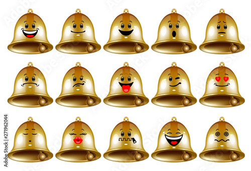 Vector set of bell emoticons. Collection of characters of metal gold bells with different emotions in cartoon style on white background. Concept of Christmas symbol, school bell, reminder.