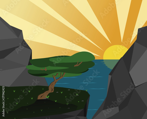 Beautiful landscape of a sunset in the ocean, seen from some beautiful hills, with a beautiful tree in the anarchy