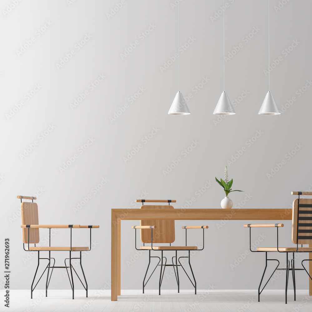 Spacious modern dining room with wooden chairs and table. Minimalist dining room design. 3D illustration. Spacious modern dining room with wooden chairs and table. Minimalist dining room design. 3D illustration.