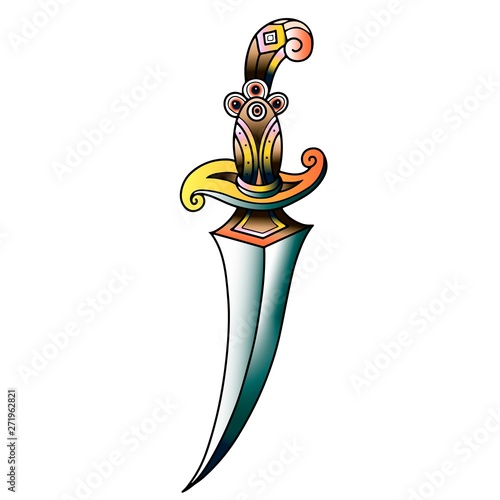 Traditional tattoo with dagger knife. Colorful Tattoo.Vector illustration Old school tattoo line art. Suitable for printing transfer tattoos and stickers