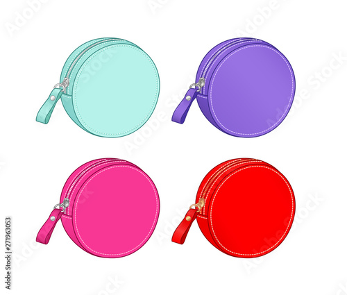Round coin pouch for coins or accessories, zip purse, coin case vector illustration sketch template isolated on white background
