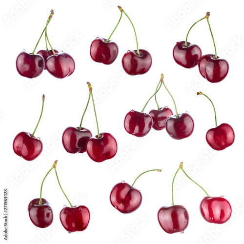 Set of different cherry corners isolated on white background. Full sharpness.