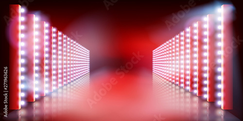Light show on the stage. Red carpet. Fashion runway. Vector illustration.