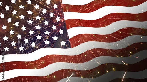 waving flag USA and firework celebration for 4th of July Independence day or about America background