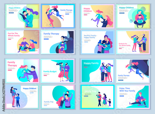 Set of Landing page templates happy family, travel and psychotherapy, family health care, goods entertainment for mother father and their children. Parents with daughter and son have fun togethers